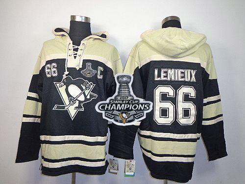 Penguins #66 Mario Lemieux Black Sawyer Hooded Sweatshirt Stanley Cup Finals Champions Stitched NHL Jersey - Click Image to Close